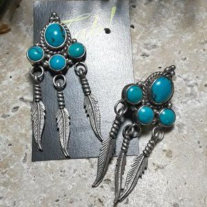 Native American Sterling Turquoise Feather Dangle Earrings